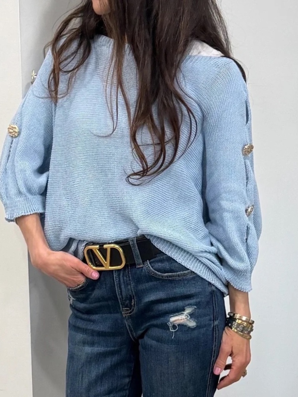 New MADE IN ITALY 🇮🇹 FABULOUS Blue Sweater with GOLD Button Detail One Size